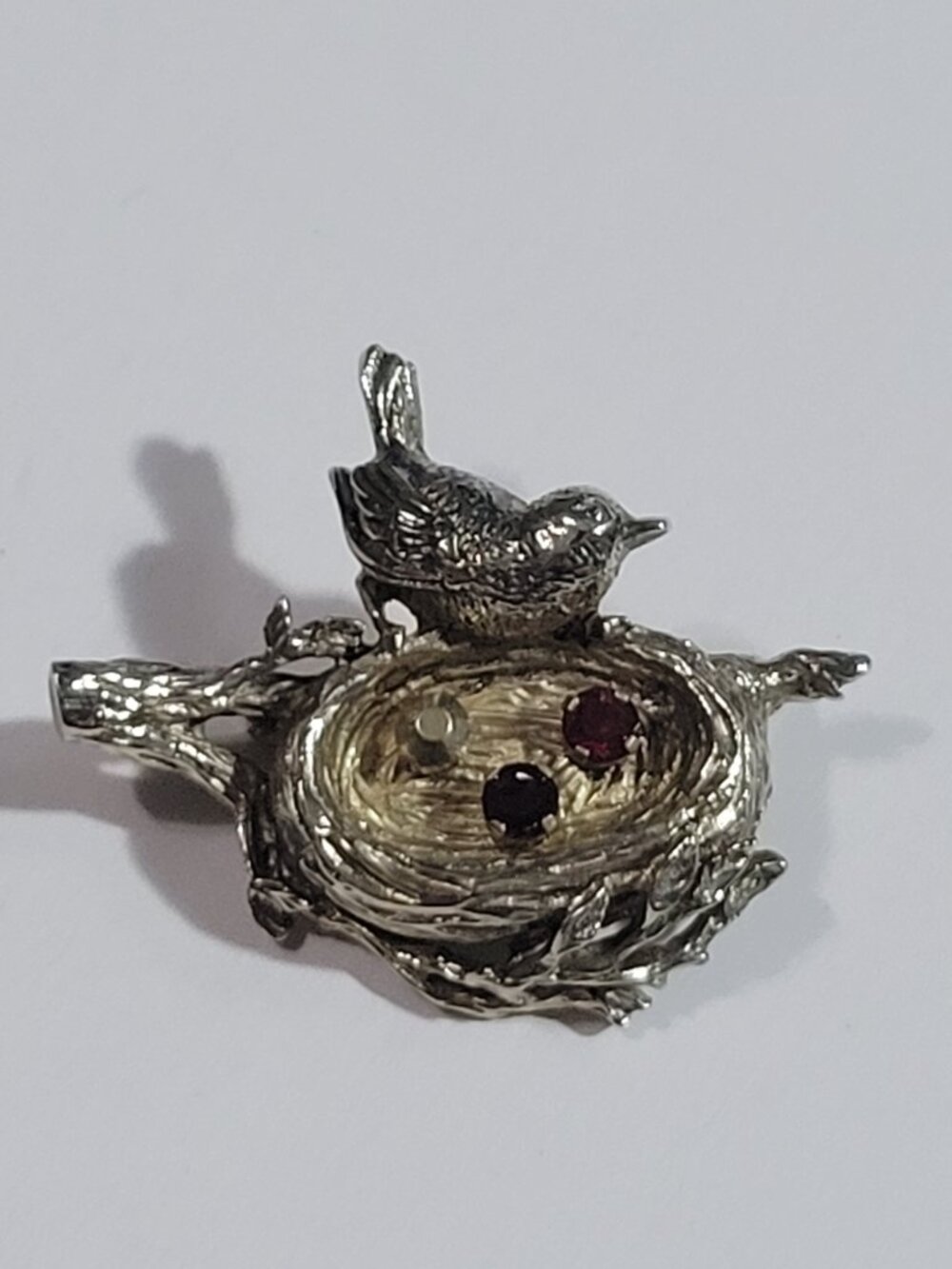 Anson Mama Bird Nest Brooch Rhinestones Sterling Silver Vintage Birthstones